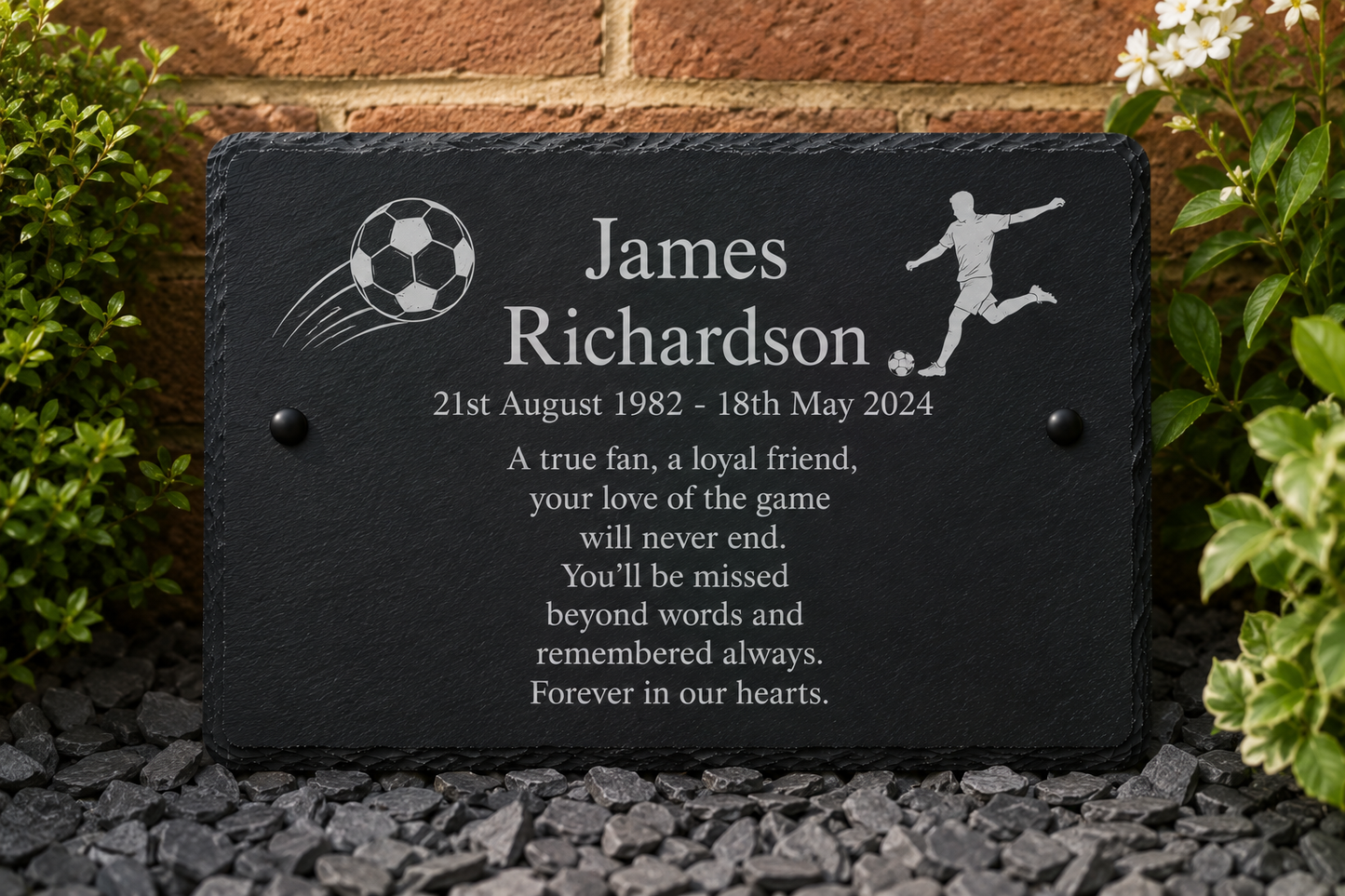 Personalised natural slate memorial plaque and grave marker with custom wording and choice of heart, cherub, flower or bird silhouette design