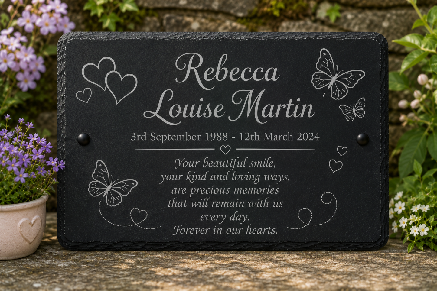 A personalized black slate memorial plaque with white engraved text and butterfly and heart designs, placed outdoors on a stone surface with flowers in the background.