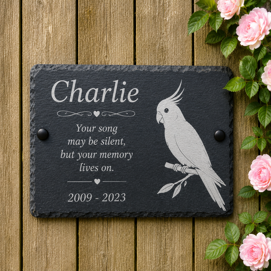 Personalized dark slate memorial plaque with engraved text reading 'Charlie' and a white cockatoo illustration, placed on a wooden surface with pink roses along the right edge.