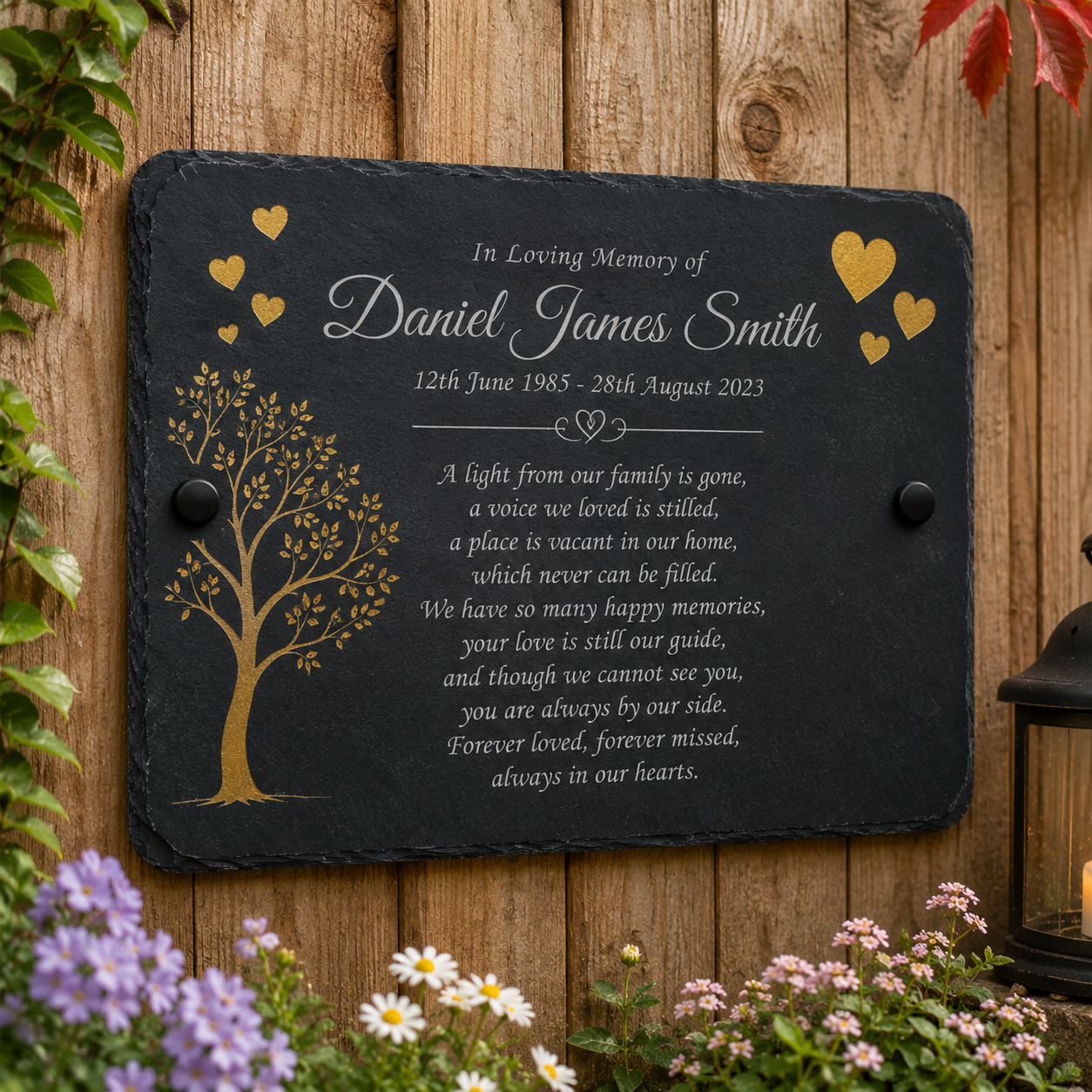 Personalized black slate memorial plaque with gold heart accents, a gold tree illustration, and white engraved text, mounted on a wooden fence with flowers and greenery around it.