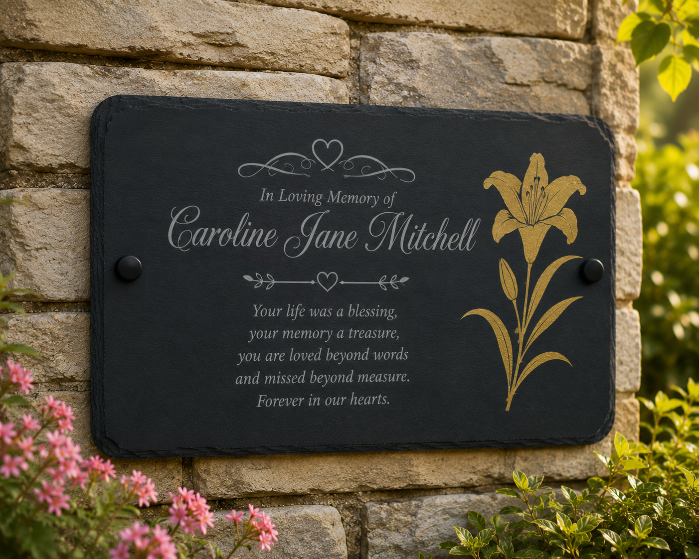 A personalized black slate memorial plaque mounted on a stone wall, featuring white engraved text reading 'In Loving Memory of Caroline Jane Mitchell' and a gold lily flower illustration, with pink flowers and green foliage around it.
