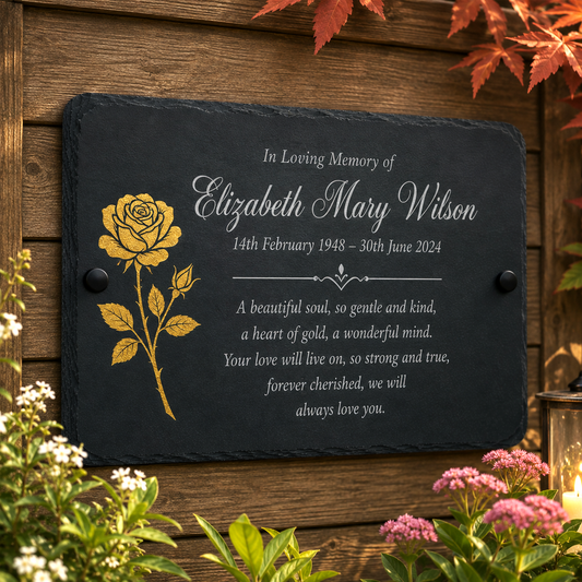 Personalized black slate memorial plaque with a gold rose illustration and white engraved text, mounted on a wooden wall with flowers and autumn leaves around it.
