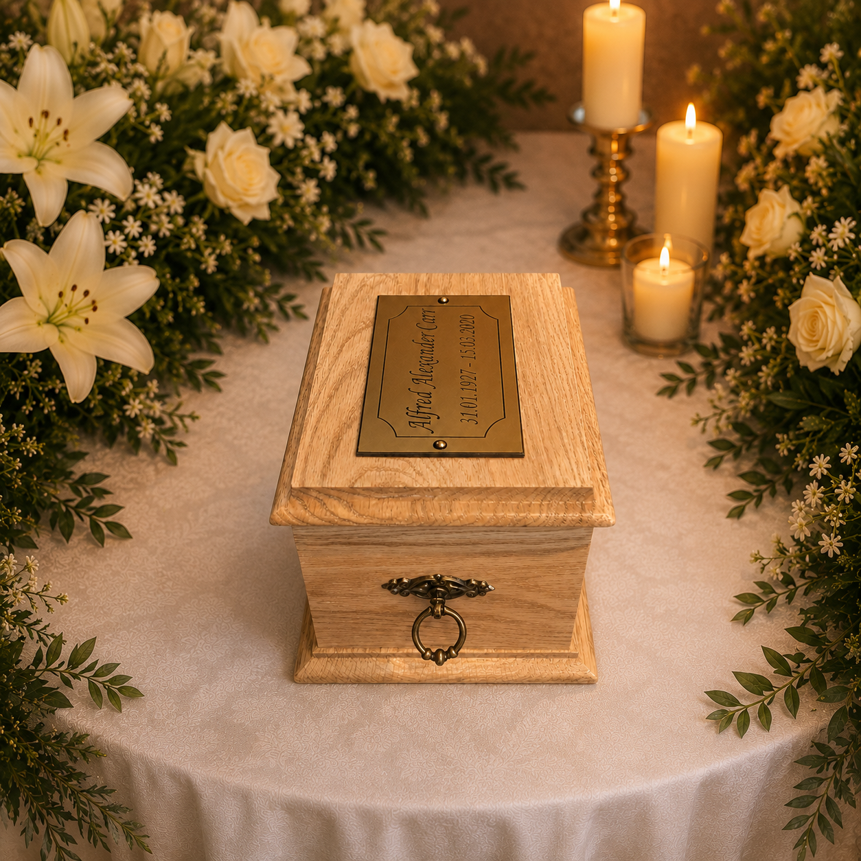 A wooden keepsake box with a brass engraved lid plaque sits on a white draped table surrounded by white flowers and lit candles.