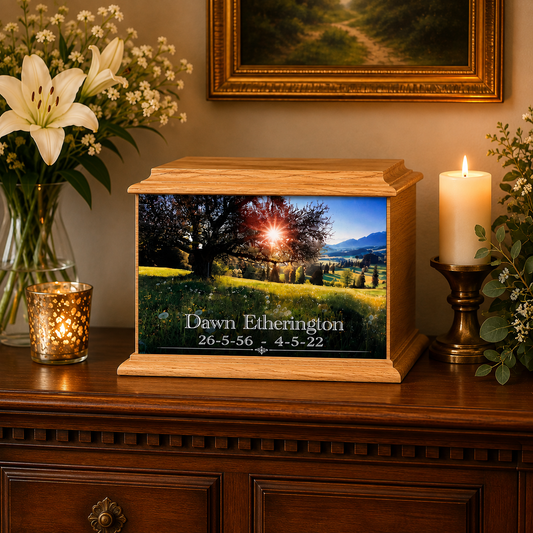 Personalised solid oak photo ashes casket with full-colour memorial photograph and personalised wording, handcrafted in Britain as a unique cremation urn and memorial.