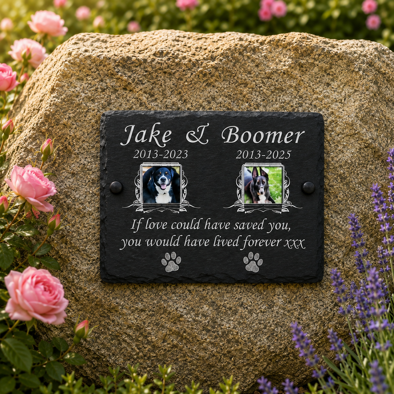 Personalised two photo pet memorial plaque with two colour photo panels, laser etched names, dates and wording on natural slate