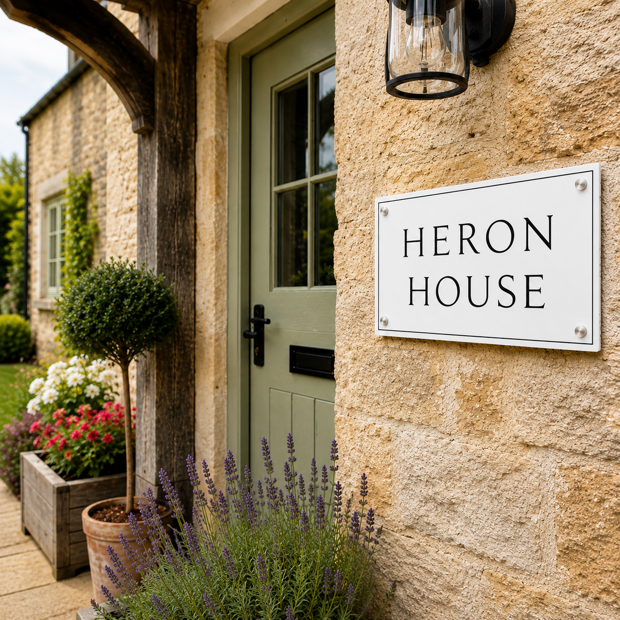 A white rectangular sign with black serif text reading 'HERON HOUSE' mounted on a beige stone wall beside a muted green front door, with potted plants and a wooden porch post in the foreground.