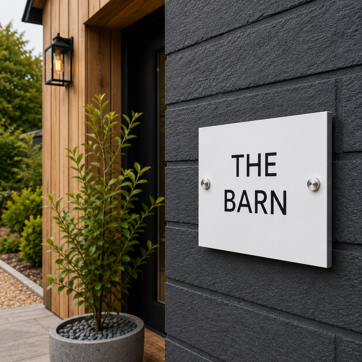 A white rectangular wall sign with the words 'THE BARN' in black serif lettering, mounted on a dark gray textured house exterior next to a wooden door and a potted plant.