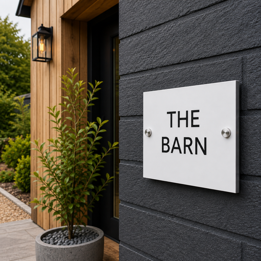 A white rectangular wall sign with the words 'THE BARN' in black serif lettering, mounted on a dark gray textured house exterior next to a wooden door and a potted plant.