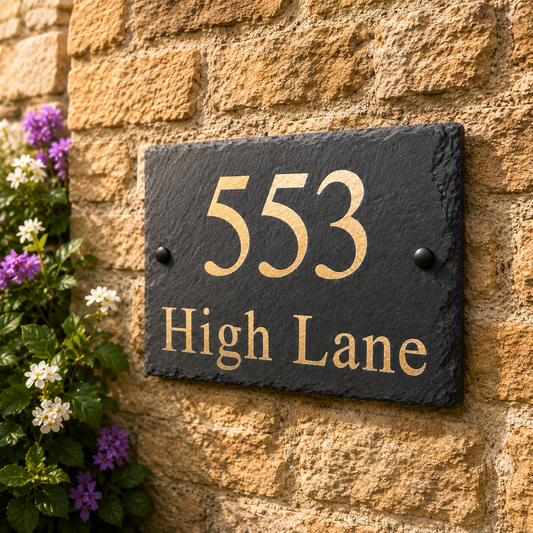 A rectangular black slate house number plaque with gold lettering reading '553 High Lane' mounted on a tan stone wall, with purple and white flowers visible on the left.