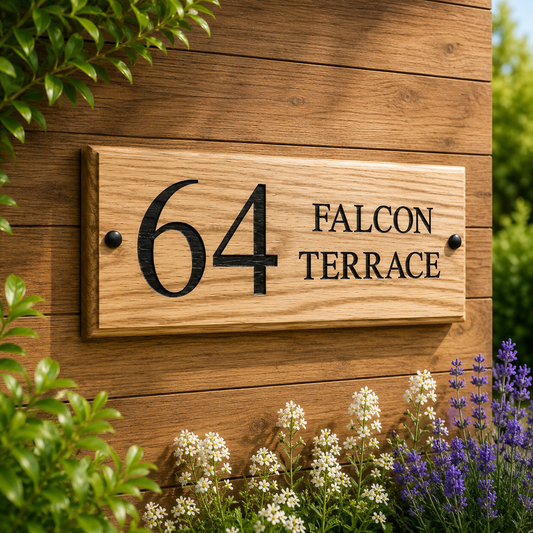 A rectangular wooden house number sign reading '64 FALCON TERRACE' in black lettering, mounted on a brown wood-paneled wall with green foliage and small white and purple flowers around it.