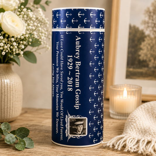 A navy blue cylindrical keepsake or memorial box with white anchor patterns and personalized text reading 'Aubrey Bertram Gossip 1929 ~ 2018,' shown on a wooden surface with a flower vase, framed print, and lit candle in the background.