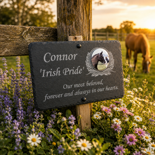 Personalized black slate horse memorial plaque mounted on a wooden fence post in a flower garden, with a horse grazing in the background during golden hour.