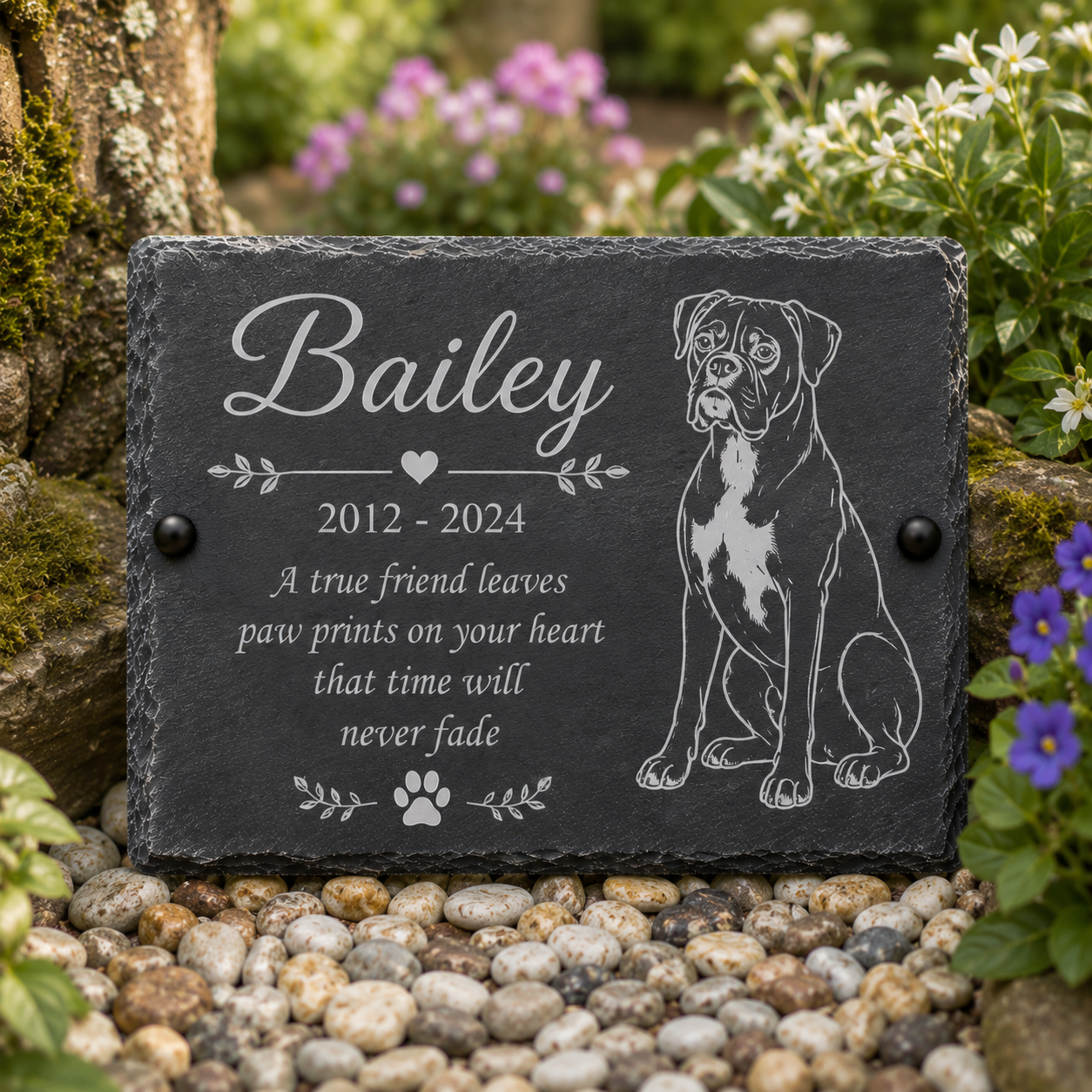 Personalized black slate pet memorial plaque engraved with the name Bailey, dates 2012-2024, a dog illustration, and a paw print, displayed outdoors on a bed of decorative stones with flowers and foliage in the background.