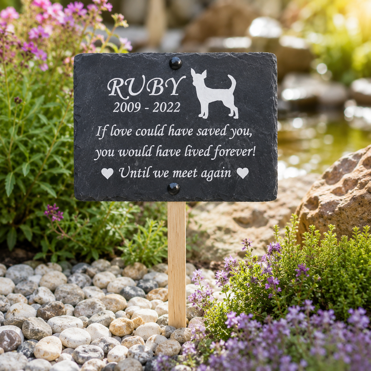 Personalized black slate pet memorial garden sign on a wooden stake, engraved with the name 'RUBY', dates '2009 - 2022', a dog silhouette, and a remembrance quote, displayed in a garden setting.
