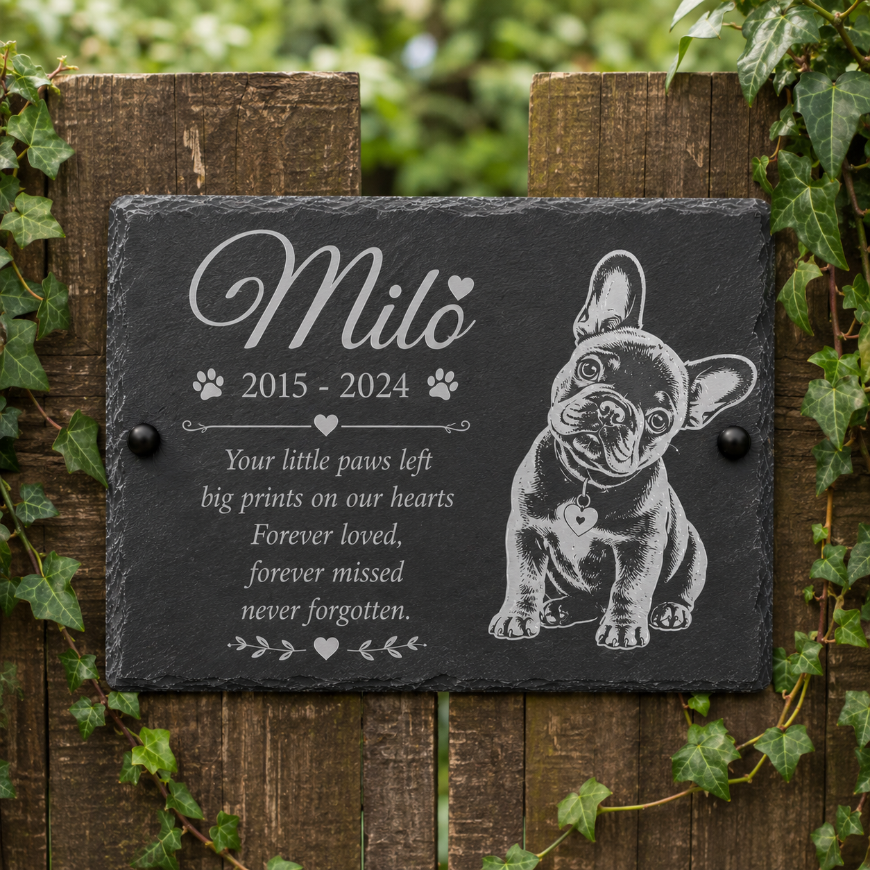 Personalized black slate pet memorial plaque with engraved white text and a white line drawing of a French bulldog, mounted on a wooden fence with green ivy around it. The plaque reads 'Milo 2015 - 2024' and includes a remembrance message for the pet.