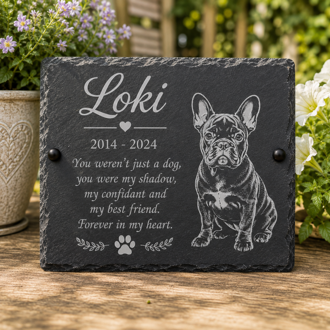 Personalized black slate memorial plaque with engraved white text reading 'Loki 2014 - 2024' and a French bulldog illustration, displayed on a wooden surface outdoors with flowers in the background.