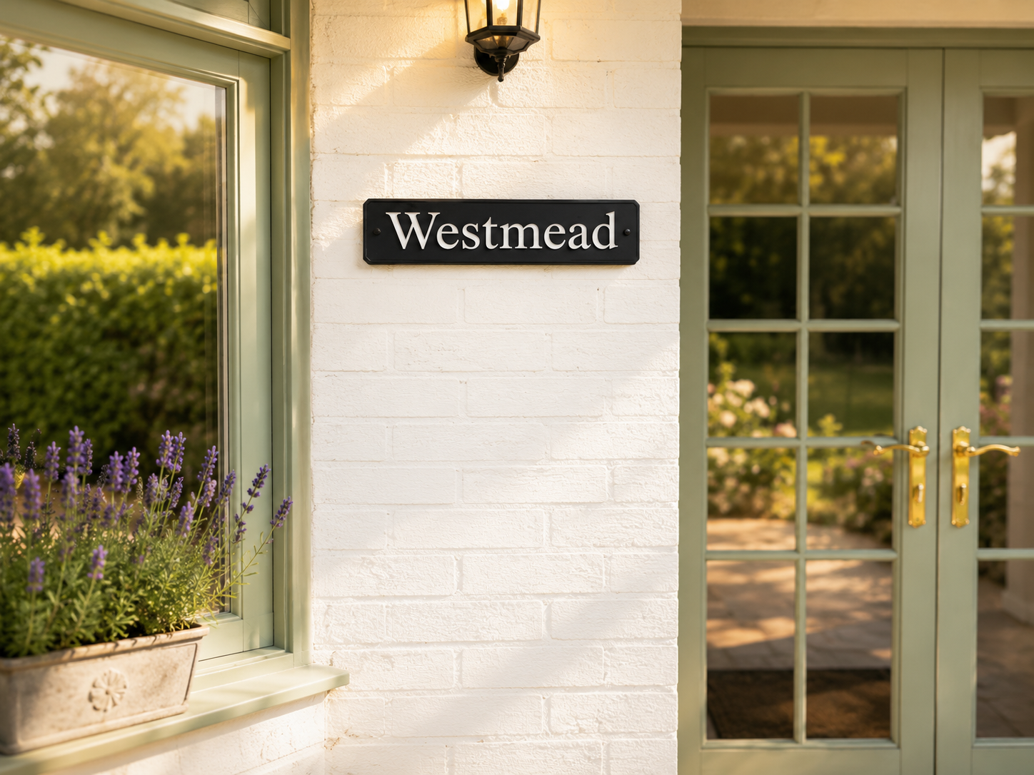 A rectangular black sign with white serif text reading 'Westmead' mounted on a white brick wall beside a green-framed window and double glass doors.