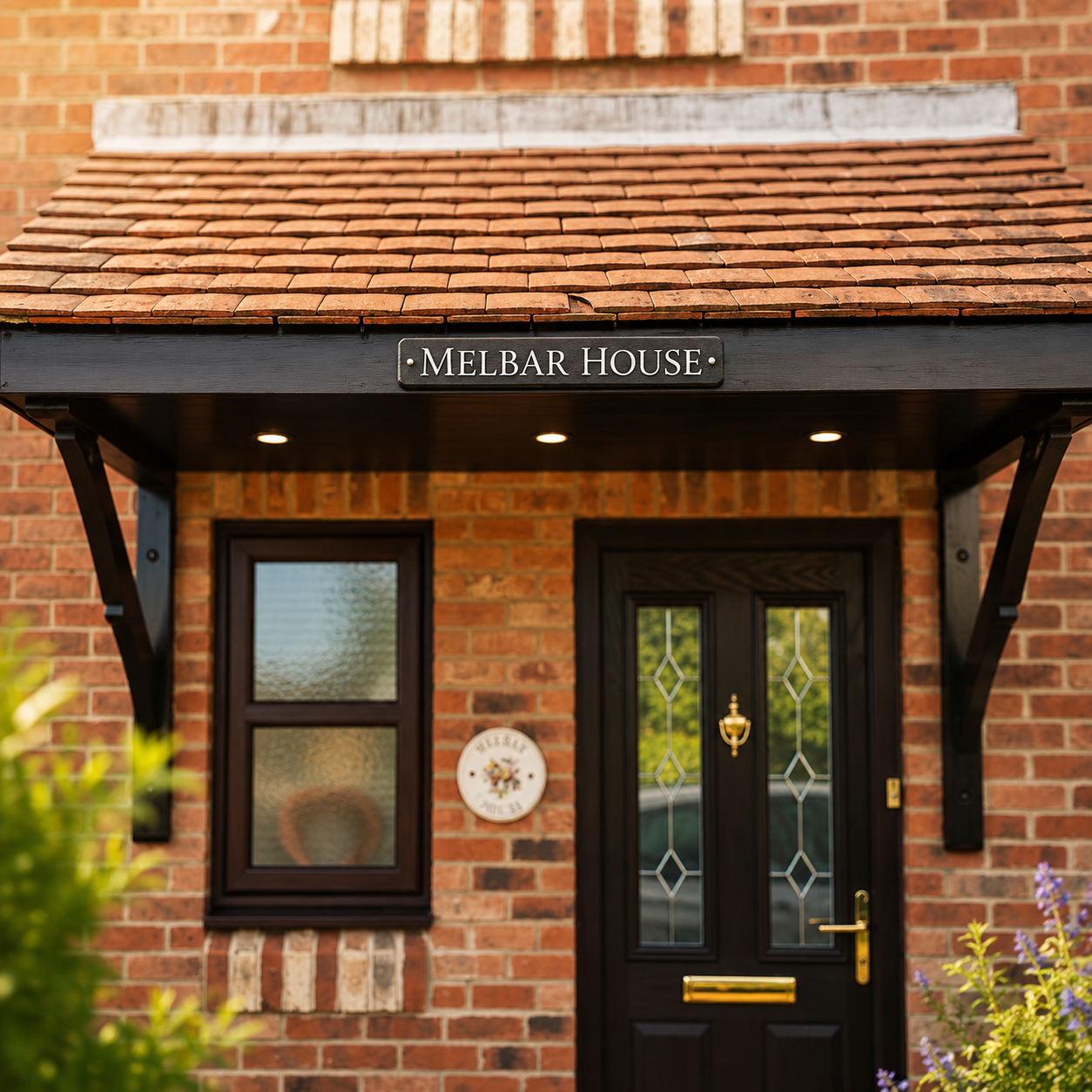 Front exterior of a brick building with a black door, black window trim, a tiled roof overhang, and a sign reading MELBAR HOUSE above the entrance.