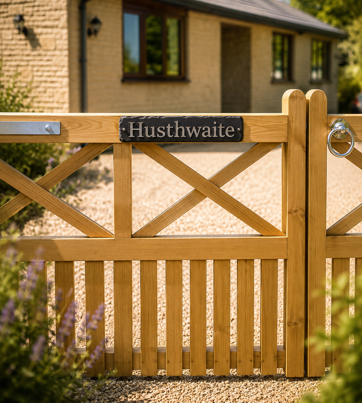 A wooden garden gate with a slatted lower section and diagonal cross-brace upper panel, featuring a dark sign that reads 'Husthwaite' mounted on the top rail. The gate is set in a gravel driveway in front of a beige brick house with green foliage in the foreground.