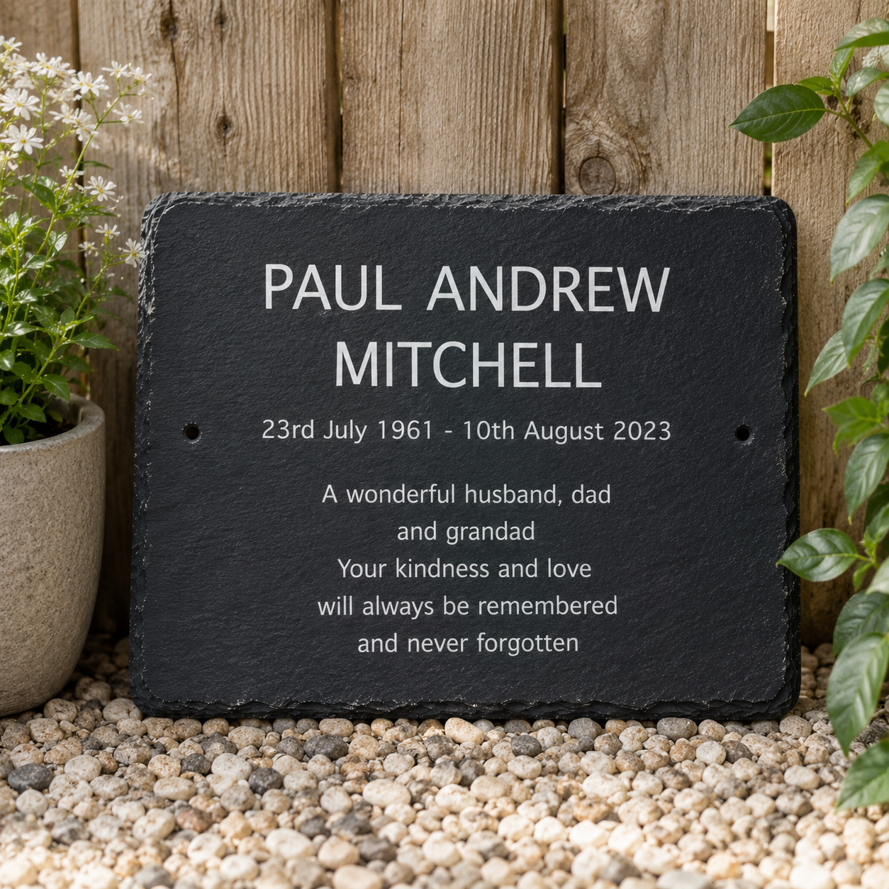 Personalised natural slate memorial plaque and grave marker with custom names, dates and remembrance wording for a loved one