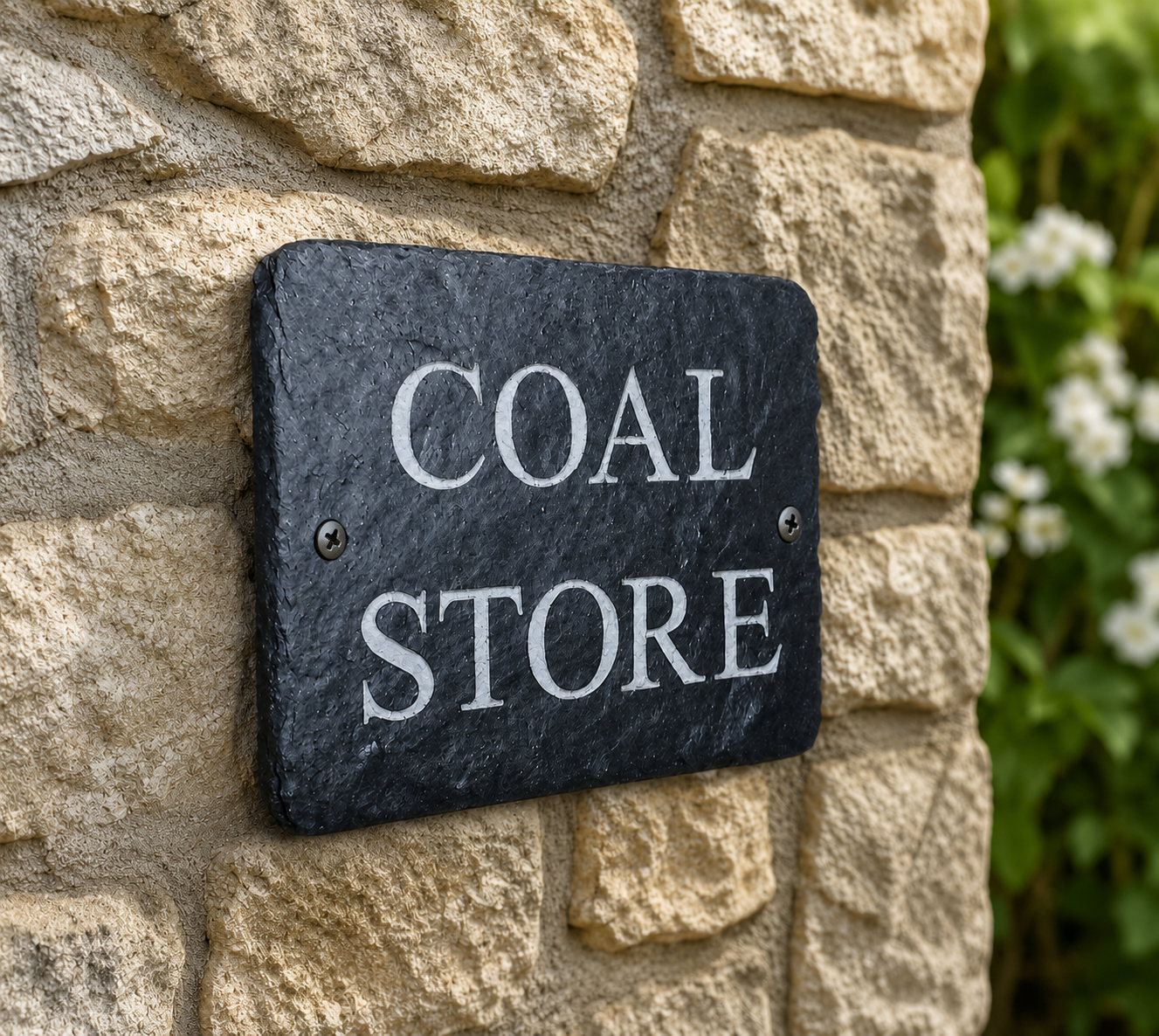 A rectangular black slate sign with the words 'COAL STORE' in white serif lettering, mounted on a beige stone wall with blurred green foliage in the background.