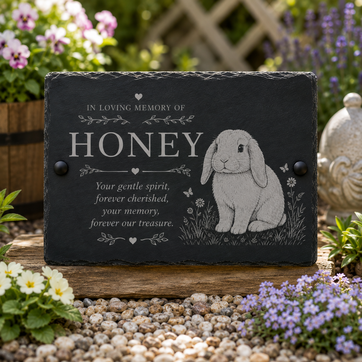 Personalized dark slate memorial garden plaque engraved with 'In Loving Memory of Honey' and a bunny illustration, displayed on a wooden surface in a garden setting.