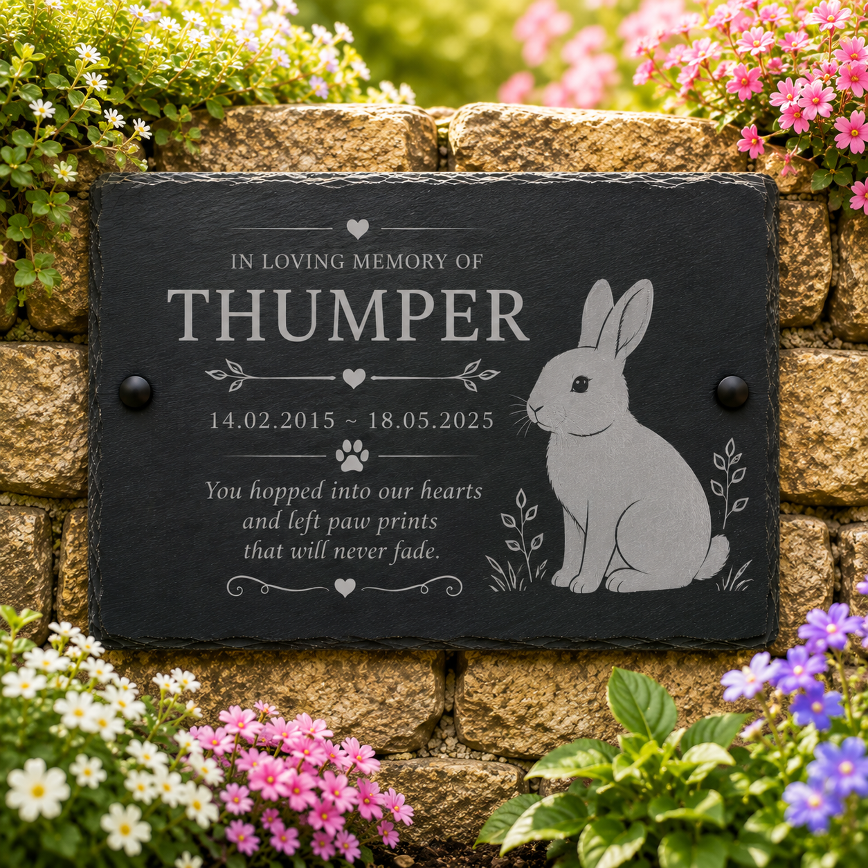 Personalized black slate memorial garden plaque mounted on a stone wall, engraved with the name 'Thumper,' dates, paw prints, and a white rabbit illustration, surrounded by flowers and greenery.