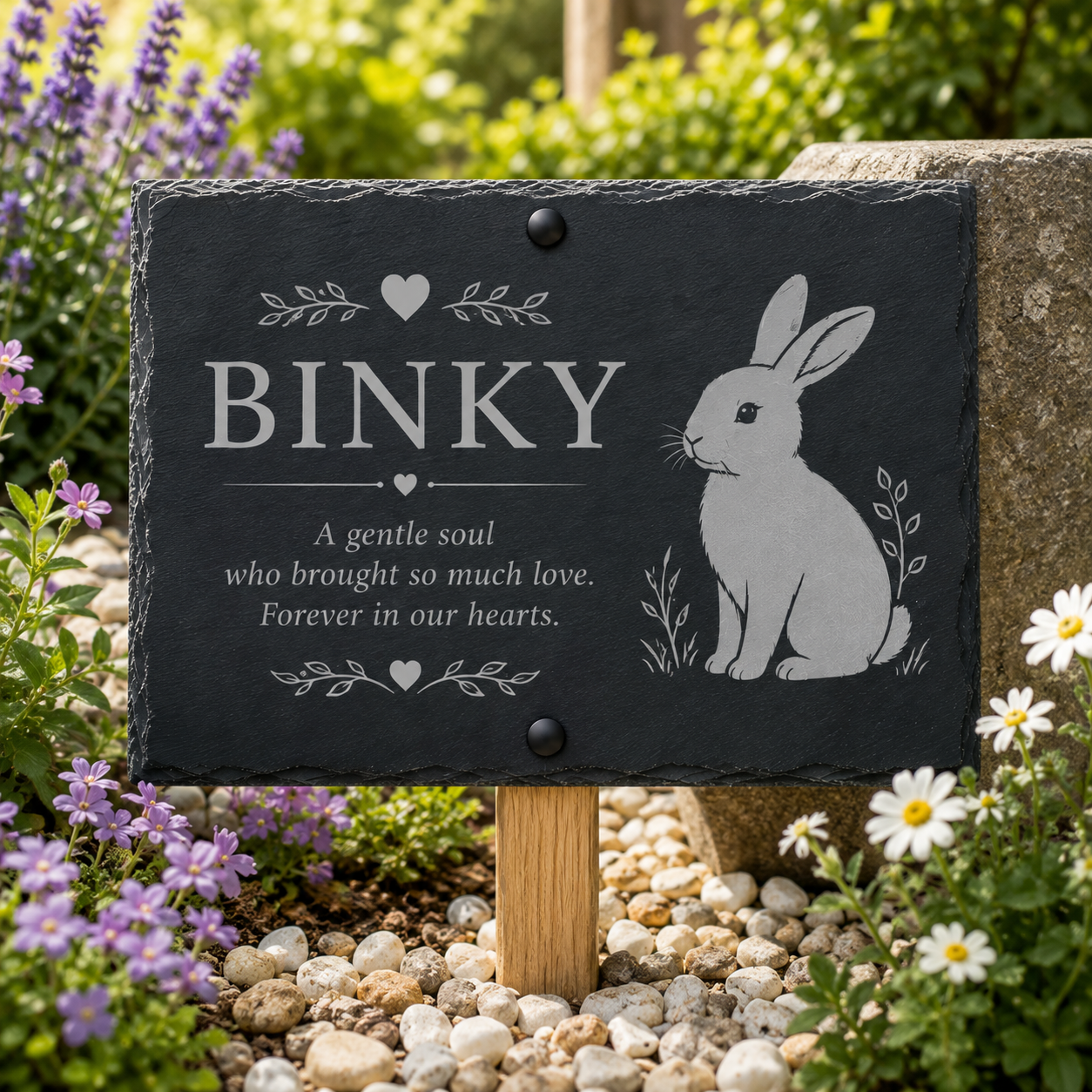 Personalized black slate garden memorial sign with a rabbit illustration and the name BINKY, mounted on a wooden stake in a garden with flowers and gravel.