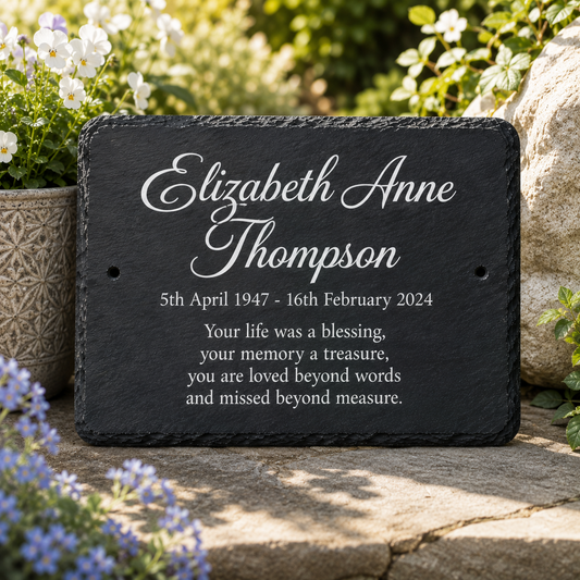 Personalized black slate memorial plaque with white engraved text reading 'Elizabeth Anne Thompson' and a remembrance message, displayed outdoors on a stone surface with flowers and rocks in the background.