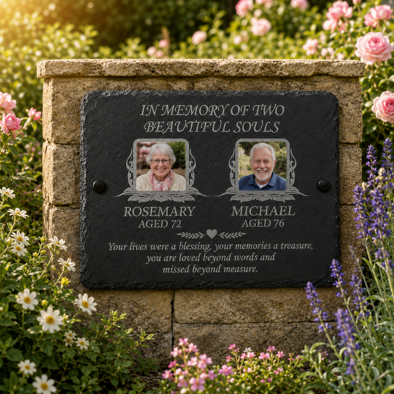 Personalised two photo memorial plaque and natural slate grave marker with two colour photographs, laser etched names, dates and remembrance wording