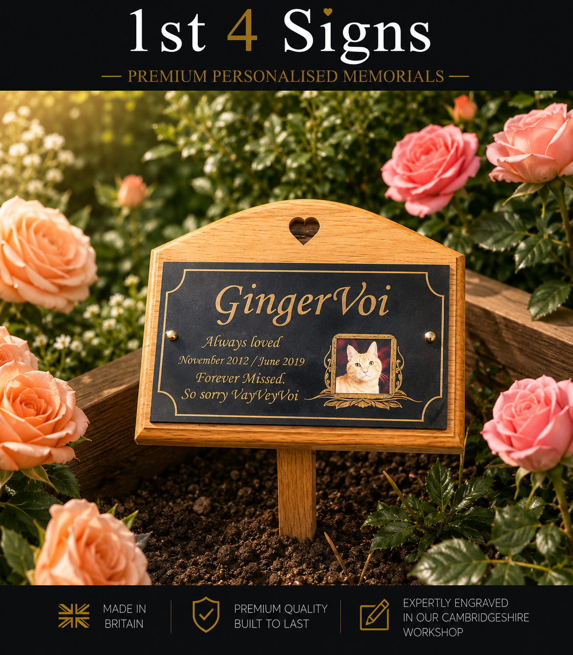 Personalized wooden garden memorial plaque with a black engraved panel, heart-shaped cutout at the top, and a small cat portrait. The sign is displayed in a garden bed surrounded by pink roses, with promotional text banners at the top and bottom.