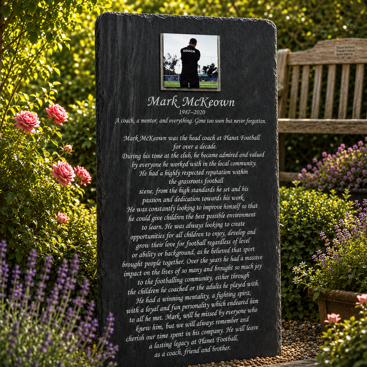 Portrait personalised photo memorial plaque with colour photograph, laser etched name, dates, long memorial poem and remembrance verse on natural slate