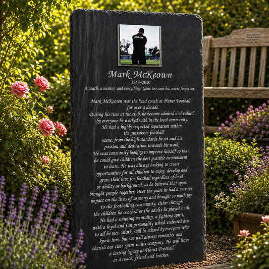 Portrait personalised photo memorial plaque with colour photograph, laser etched name, dates, long memorial poem and remembrance verse on natural slate