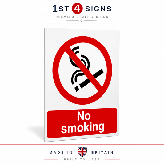 A vertical rectangular 'No smoking' sign with a white background, a red prohibition symbol over a cigarette icon, and a red banner at the bottom with white text. The image includes the brand text '1st 4 Signs' at the top and 'Made in Britain' at the bottom on a white background.