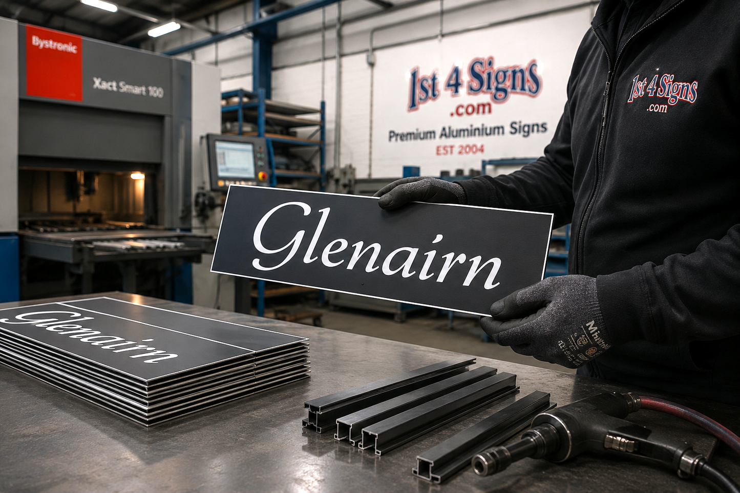 A person in a black work jacket and gloves holds a custom black metal sign with the name 'Glenairn' in white script. The sign is shown in a workshop setting with other stacked signs, metal profiles, and a large industrial press in the background.