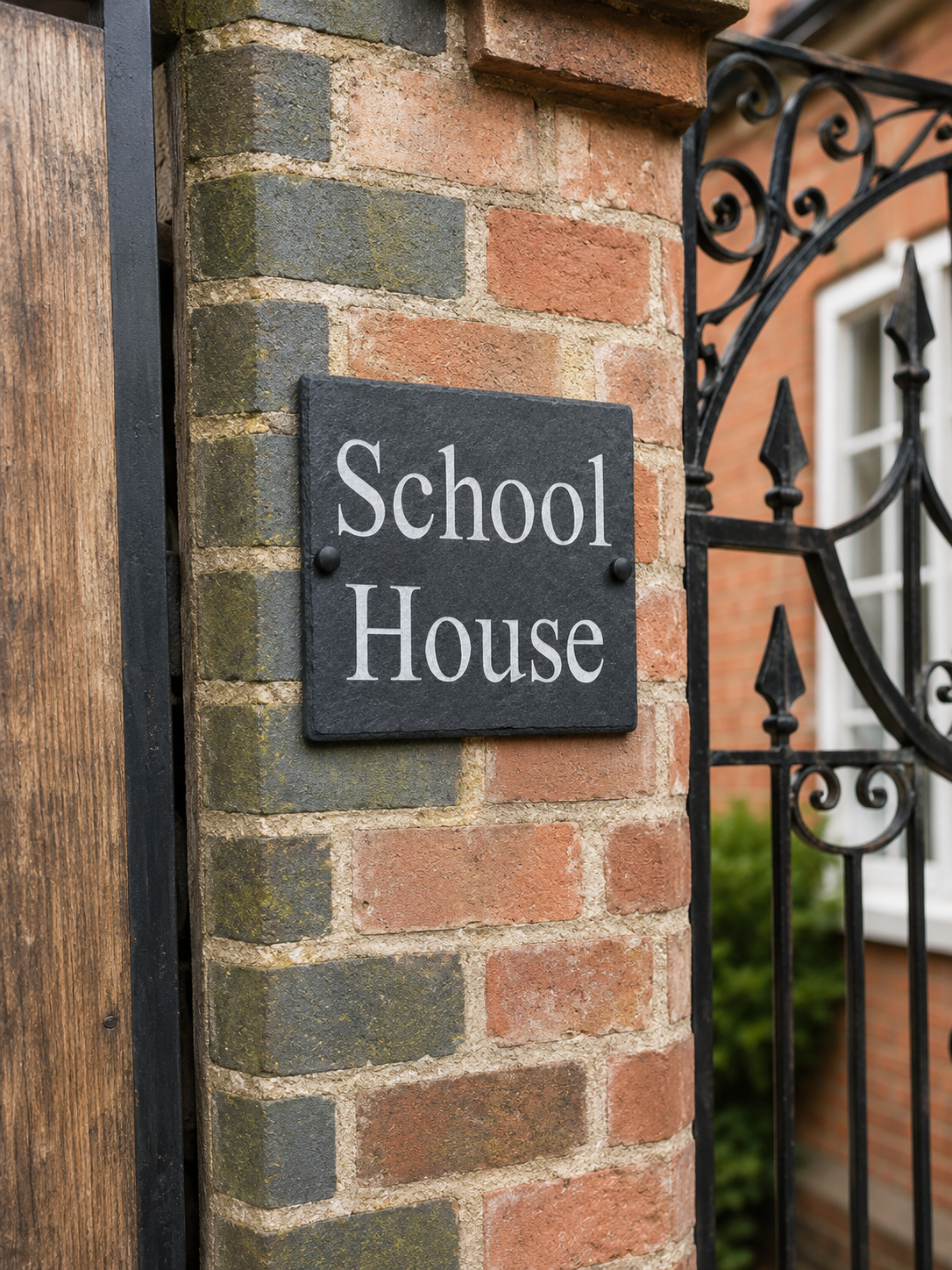 A rectangular black slate plaque with white lettering reading 'School House' mounted on a red and gray brick pillar next to a black wrought iron gate.