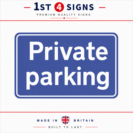 A blue rectangular 'Private parking' sign with white lettering, shown on a white background with '1st 4 Signs' branding at the top and 'Made in Britain' text at the bottom.
