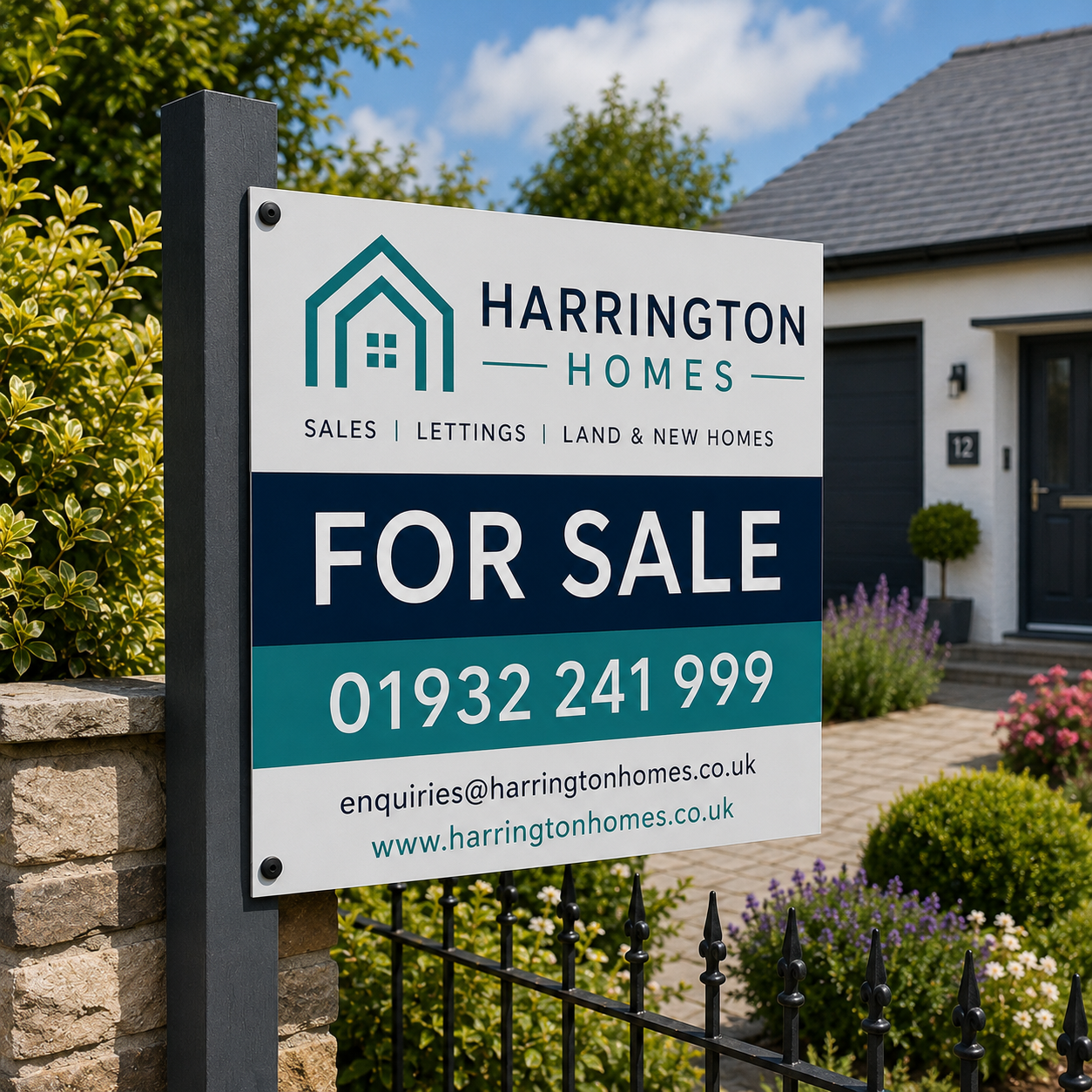 Professional 800mm x 600mm double-sided estate agent property boards, custom printed with your agency branding, logo, contact details and property information