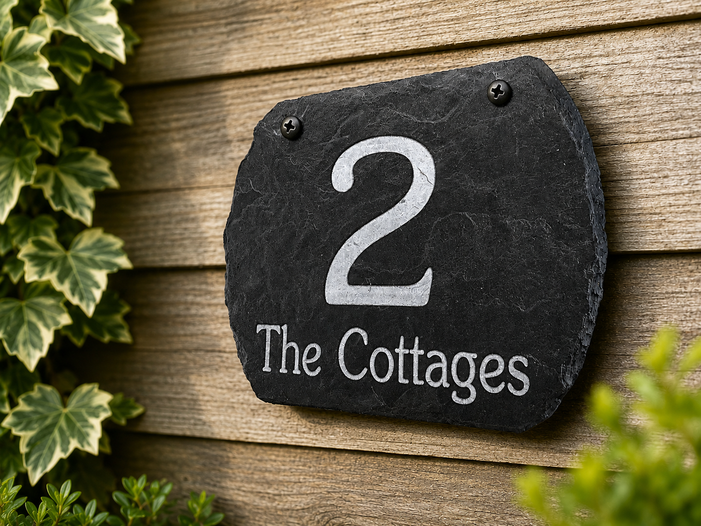 A custom black slate house number plaque with white lettering reading '2 The Cottages' mounted on a wooden fence, framed by green ivy leaves.