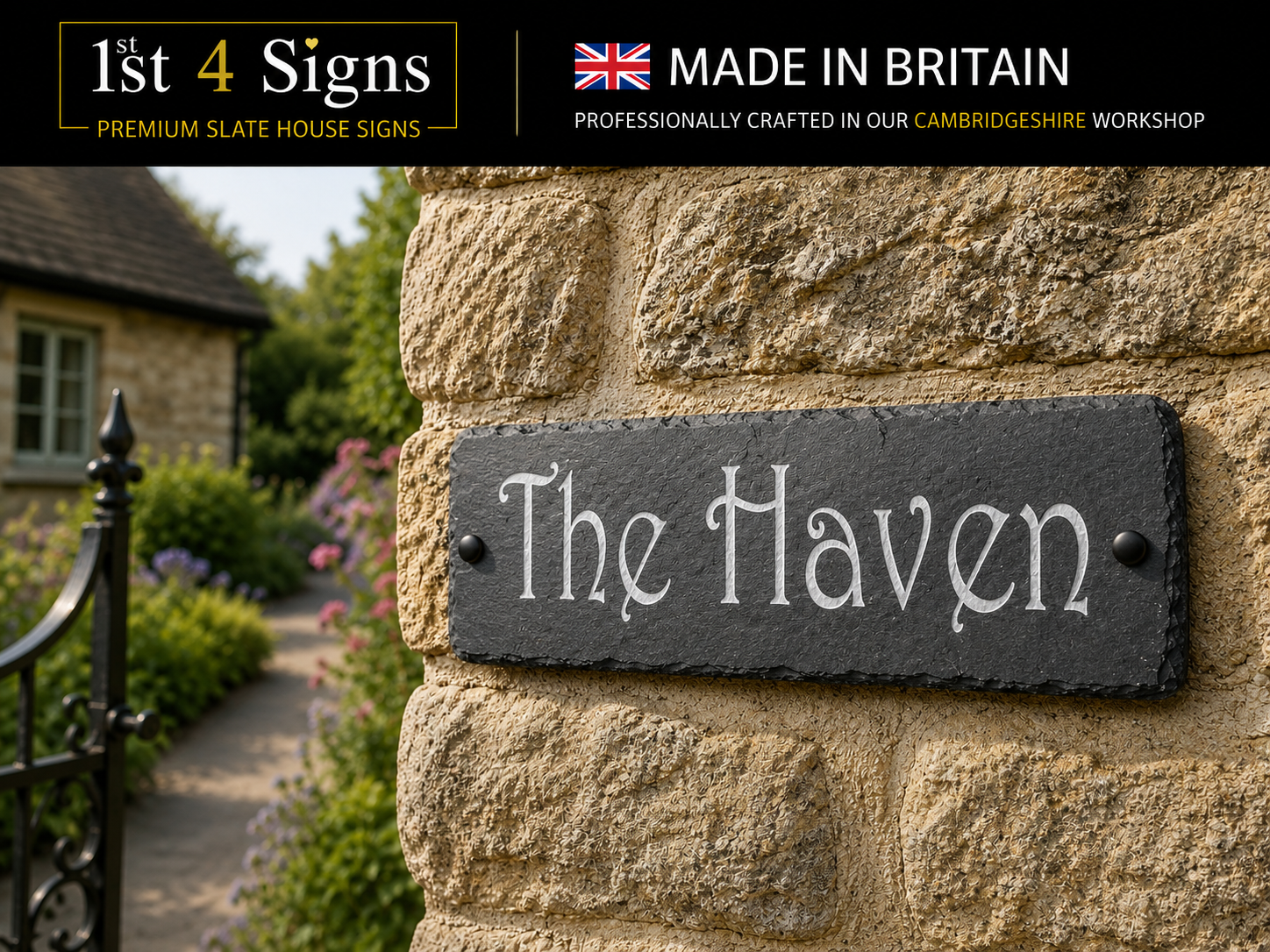 A rectangular slate house sign reading 'The Haven' in white script, mounted on a tan stone wall outdoors. A black banner at the top reads '1st 4 Signs' and 'MADE IN BRITAIN'.