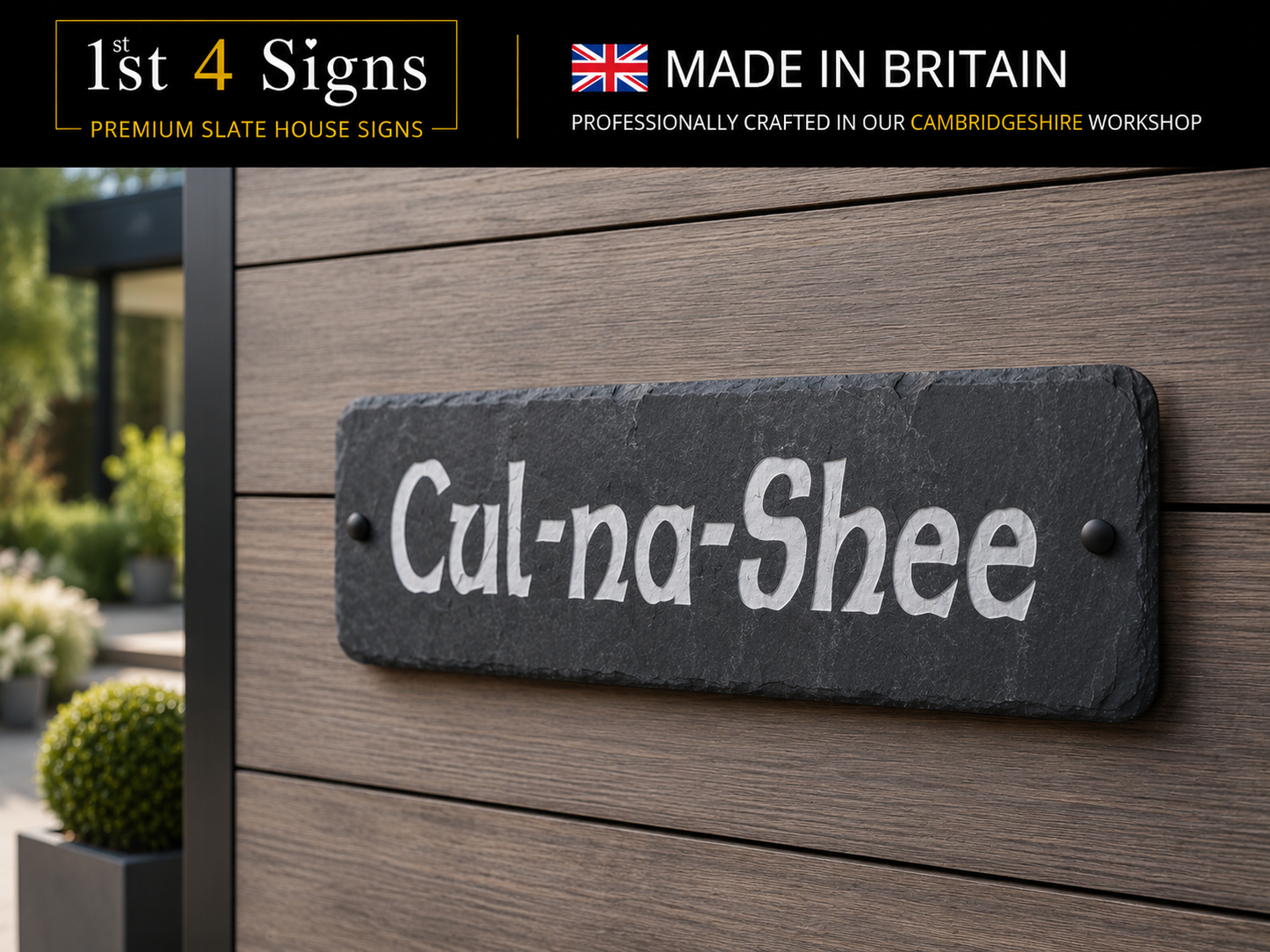 A rectangular slate house sign with the name 'Cul-na-Shee' in white stylized lettering, mounted on a brown wooden wall. A black banner at the top reads '1st 4 Signs' and 'MADE IN BRITAIN' with a Union Jack icon.