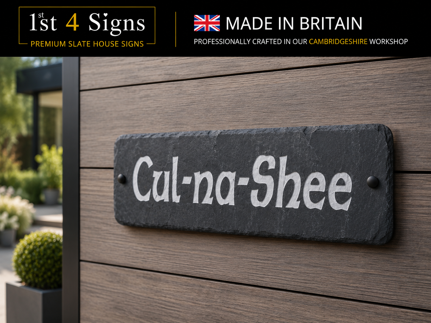 A rectangular slate house sign with the name 'Cul-na-Shee' in white stylized lettering, mounted on a brown wooden wall. A black banner at the top reads '1st 4 Signs' and 'MADE IN BRITAIN' with a Union Jack icon.