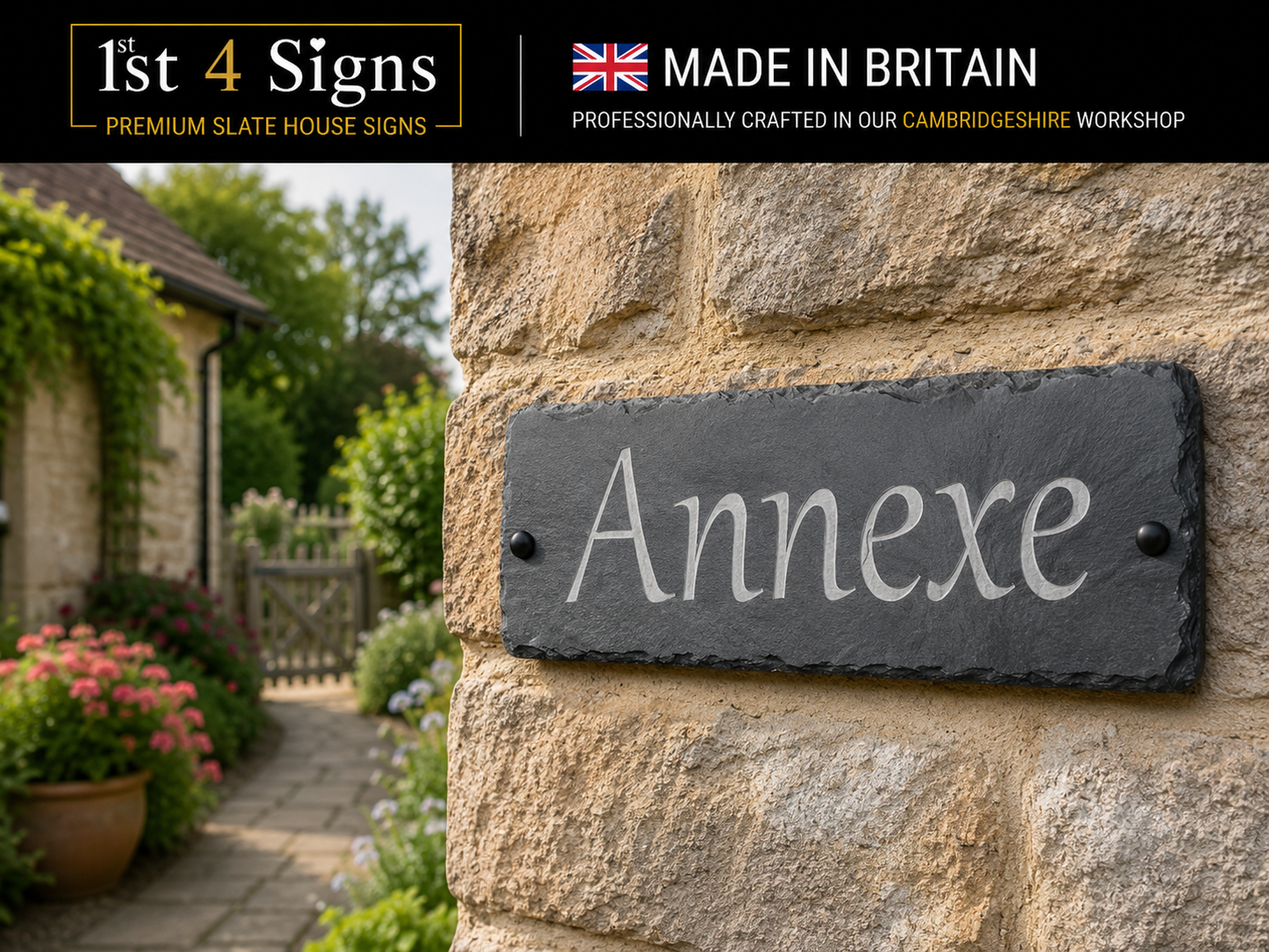 A rectangular black slate house sign with the name 'Annexe' in white script, mounted on a beige stone wall. A black banner at the top reads '1st 4 Signs' and 'MADE IN BRITAIN'.