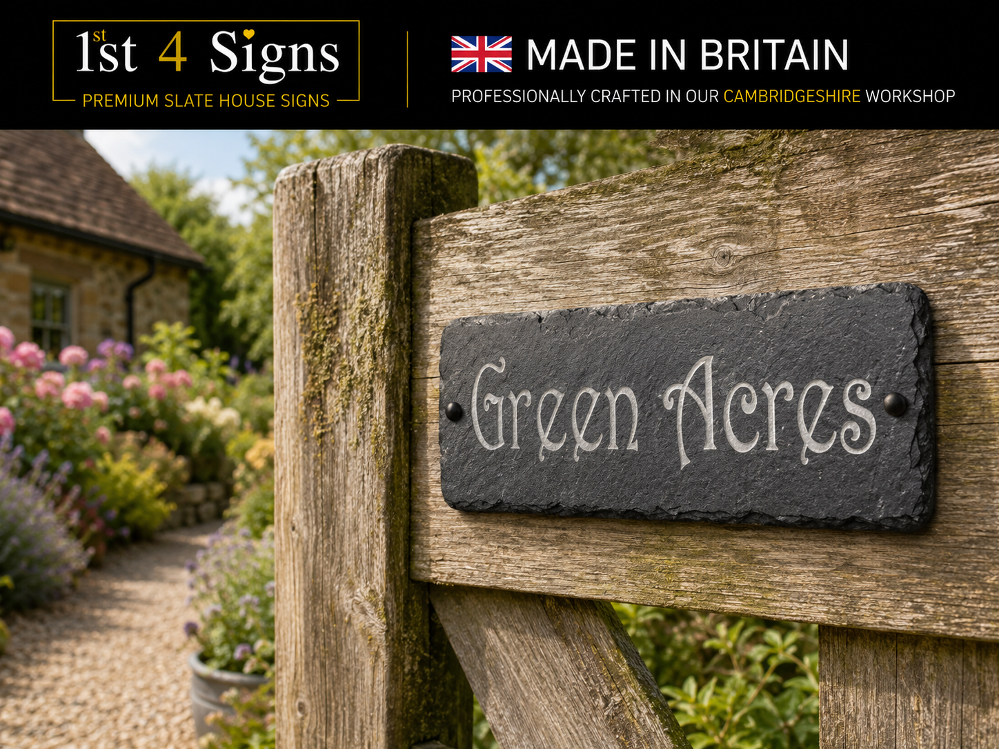 A rectangular slate house sign reading 'Green Acres' in white script, mounted on a rustic wooden fence post. The sign is shown outdoors with a blurred garden and stone building in the background.