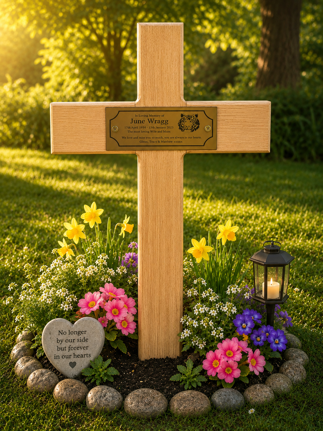 Personalised oak wooden memorial cross with photo memorial plaque displayed in a peaceful garden setting.