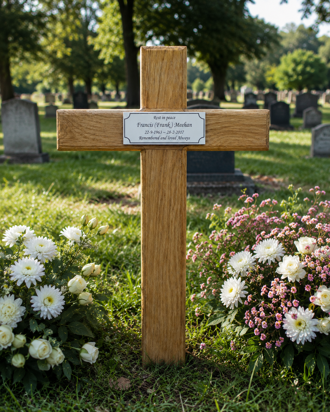 Personalised oak wooden memorial cross with photo memorial plaque displayed in a peaceful garden setting.