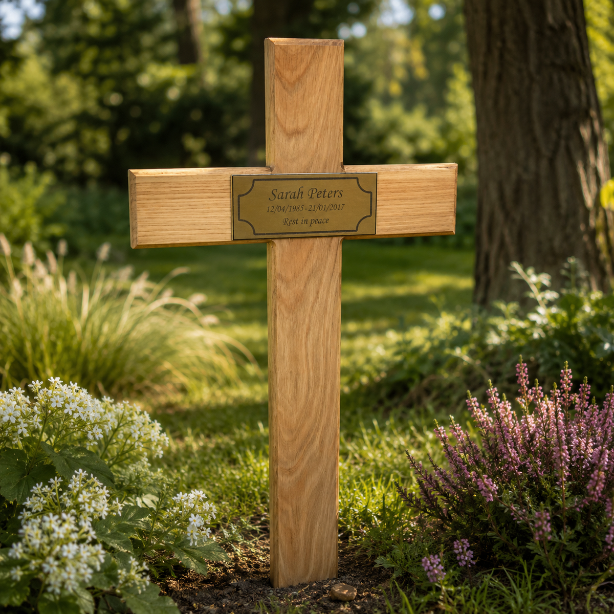 A wooden garden cross grave marker with a brass plaque reading 'Sarah Peters 12th May 2024 To Live On Forever', set in a landscaped garden with green grass, white flowers, and purple heather.