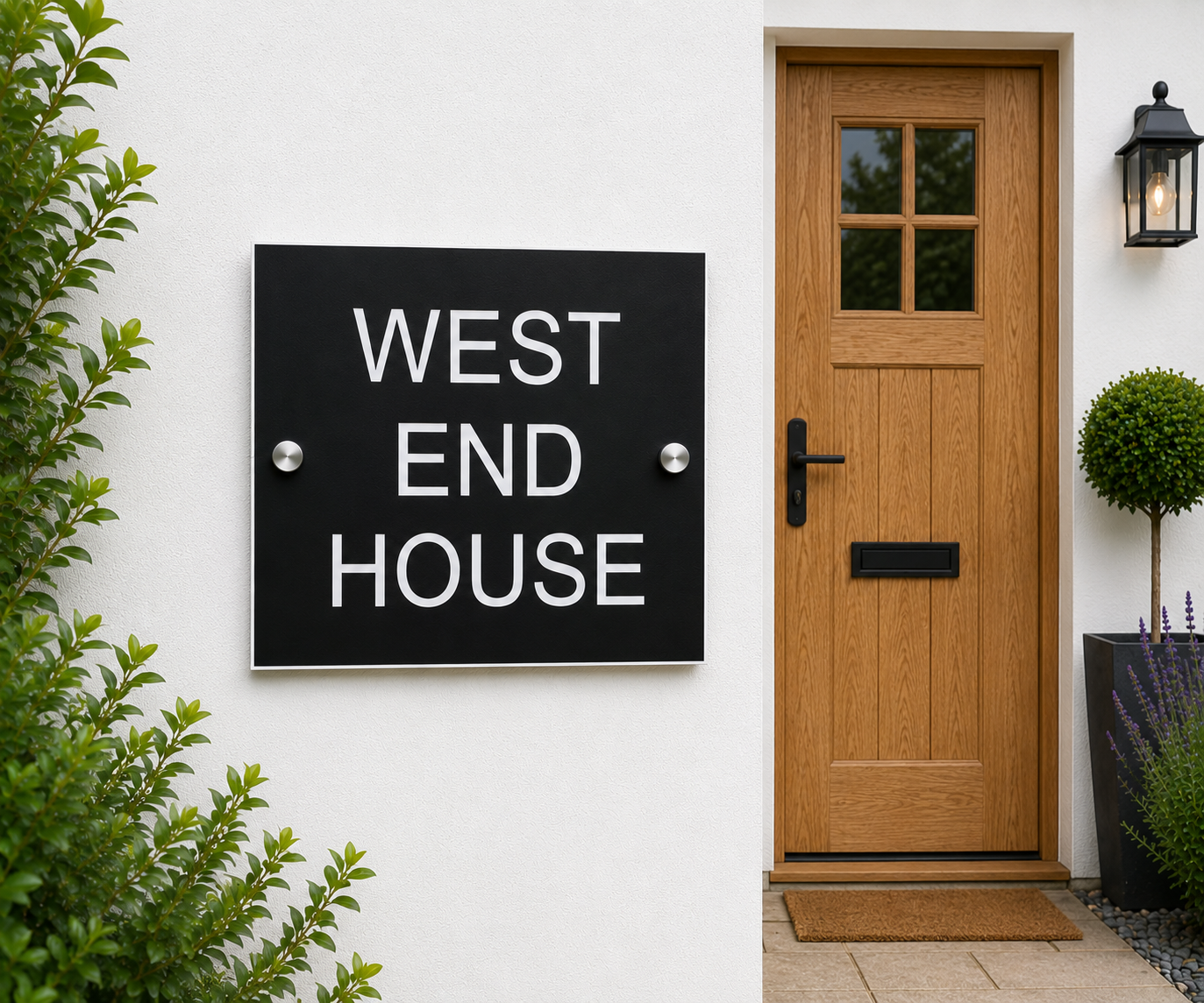 A black rectangular house sign with white text reading 'WEST END HOUSE' mounted on a white exterior wall beside a wooden front door, with greenery and a wall lantern nearby.