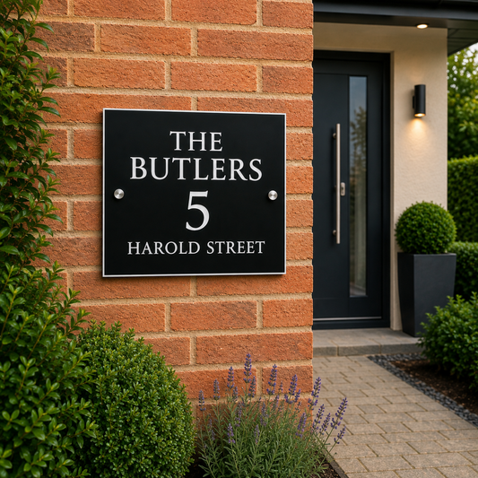 A black metal house number sign with silver lettering reading 'THE BUTLERS 5 HAROLD STREET' mounted on a red brick wall next to a modern black front door and landscaped garden plants.