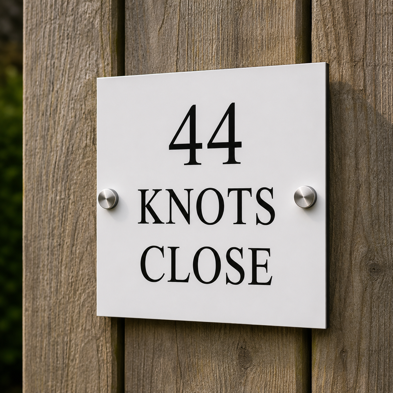 A white rectangular house number sign reading '44 KNOTS CLOSE' in black serif text, mounted on a weathered wooden fence with two silver screws.